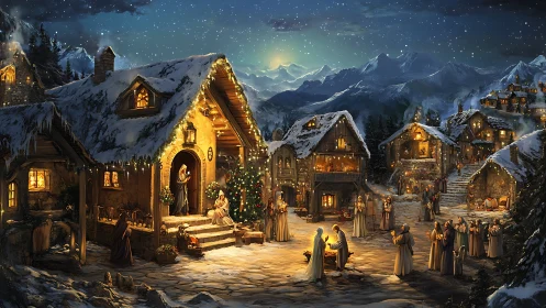 Snowy nativity village under starlit mountain skies at night.