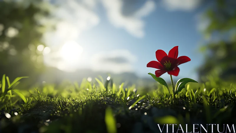 Red flower stands in sharp focus against soft sunrise field