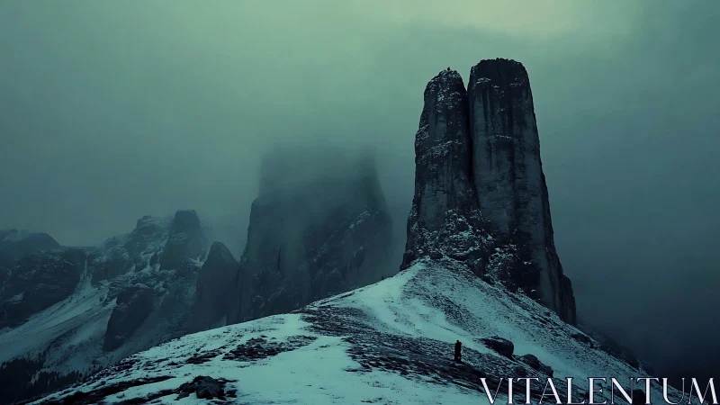 Glacial monoliths in fog-diffused cyan atmospheric perspective.