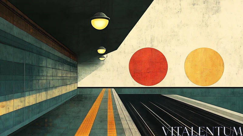 Minimalist subway platform with bold geometric wall art.