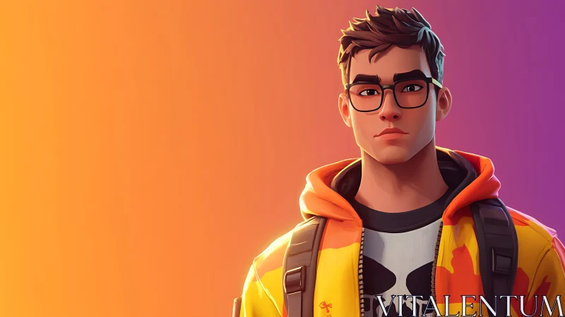 Serious young gamer with backpack on orange gradient