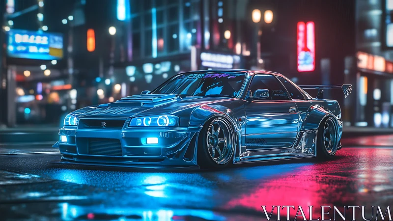 Modified chrome sports car parked on neon city street at night