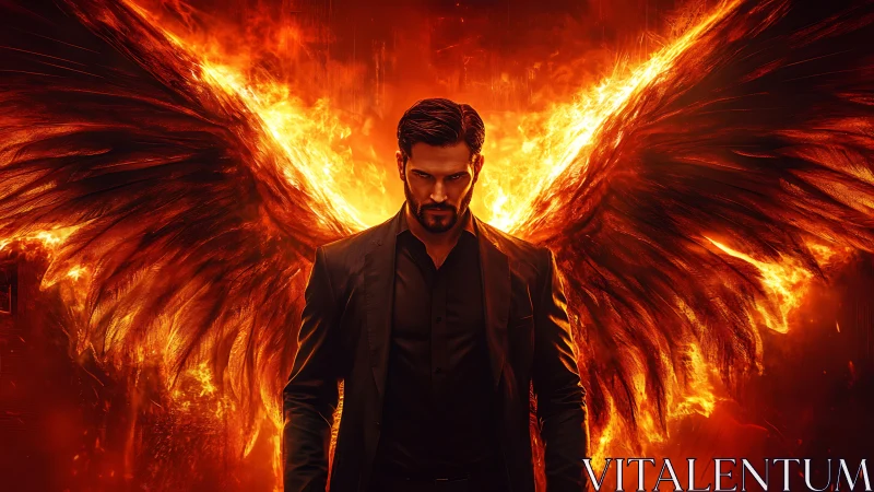 Infernal-winged humanoid in tailored suit amid combustion field.