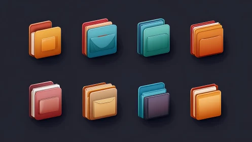 Isometric multicolor file folder icon grid with layered depth.