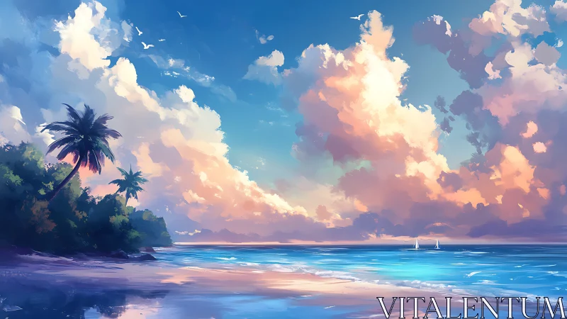 Tropical shoreline under vivid clouds and calm ocean sky.