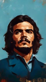 Oil portrait of long haired bearded man in teal formal suit