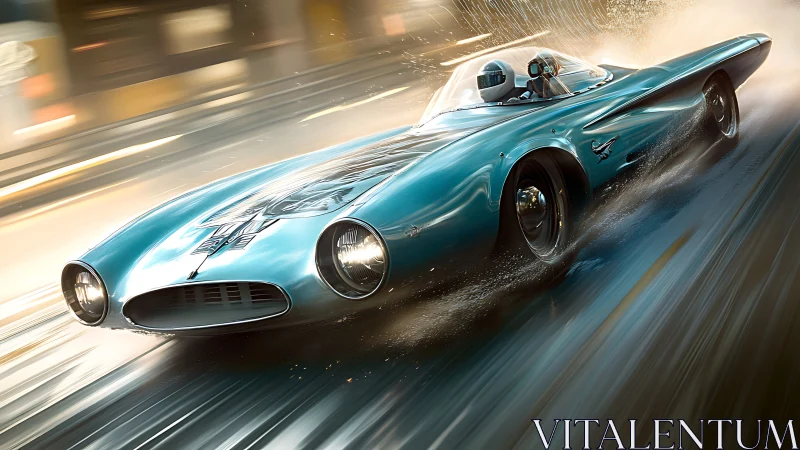 Futuristic teal streamliner rockets through wet neon city streets