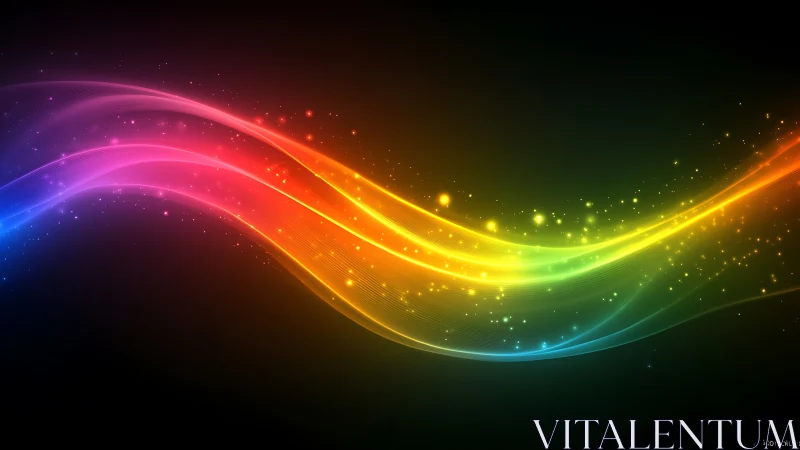 Spectral light waves form layered neon arcs with particle glows