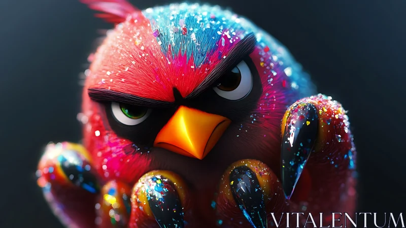 Glitter-charged angry bird poised for explosive mischief.