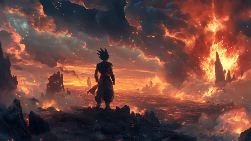 Storm-lit warrior gazes over a blazing molten horizon