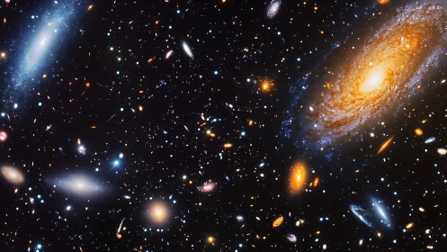 Photorealistic deep-space field with luminous spiral galaxies.