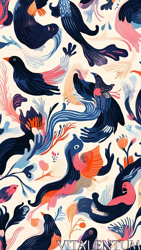 Stylized birds swirl through abstract foliage in vivid motion