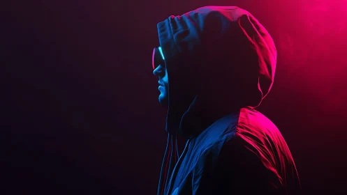 Neon hooded silhouette cuts through electric pink twilight.