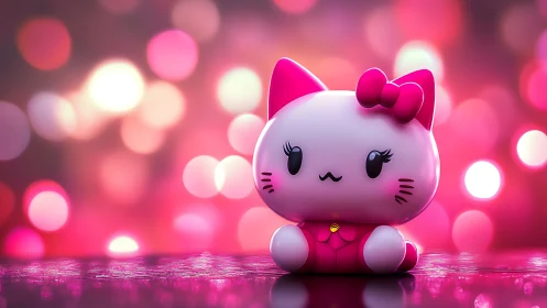 Cute pink cat figurine sits against glowing bokeh lights