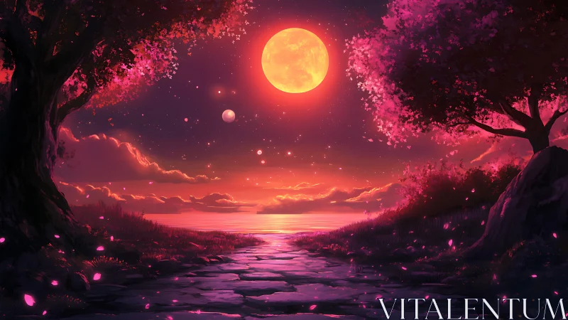 Luminous tri-moon horizon with chromatic sakura shoreline.