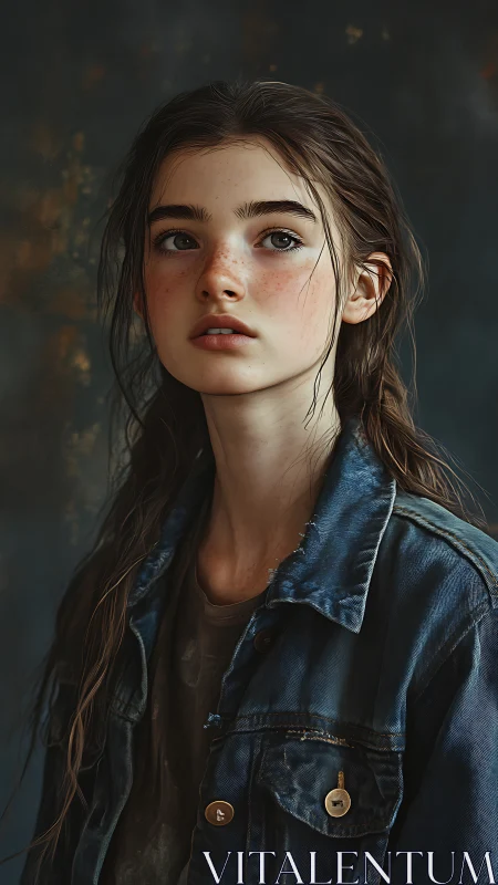 Thoughtful young girl in denim jacket against dark backdrop.