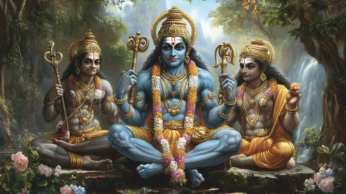 Blue-skinned deity with attendants in lush forest shrine.