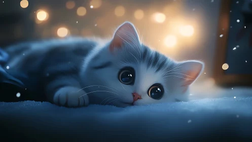 White cat lying in snow under warm bokeh lights
