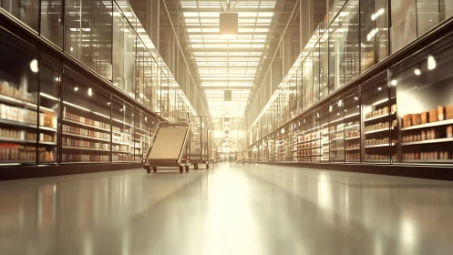 Golden supermarket aisle shows sleek industrial symmetry.