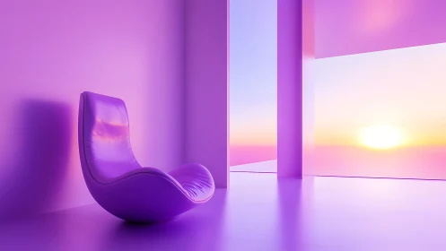 Curved violet lounge chair faces a glowing pastel sunset view