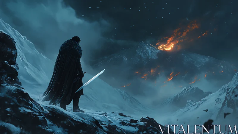 Solitary warrior observes erupting volcano across glacial valley