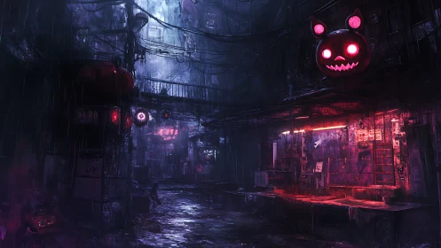 Neon lit cyberpunk alley with glowing jack o lantern sign.