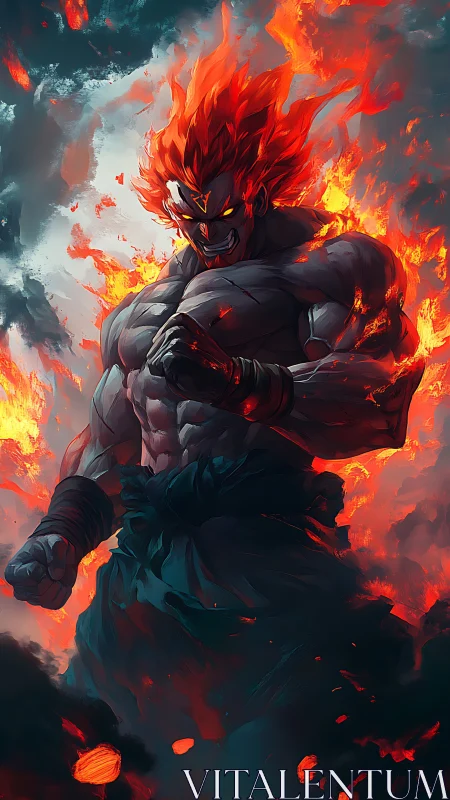 Flaming muscular warrior figure amid swirling fire clouds.