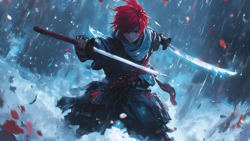 Red-haired stormblade carves light through the frozen downpour