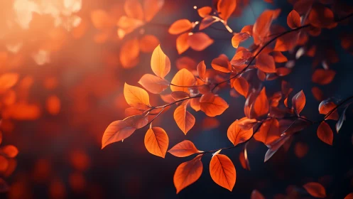 Autumn leaves glowing in soft sunset woodland light.