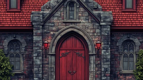 Gothic stone facade with red arched door and twin sconces
