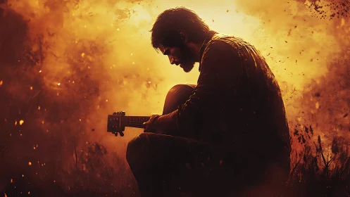 Guitarist in ember dusk, cradling songs from the ashes.