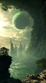 Emerald alien planet over misted canyon river gorge