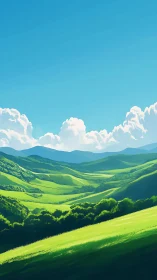 Layered green hills under clear blue sky in sunlight.
