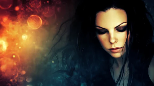 Female portrait with abstract bokeh and dual color lighting.