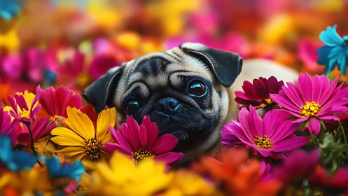 Pug surrounded by vibrant daisy flowers in garden setting.