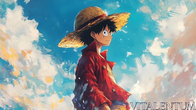 Straw hat anime hero under luminous painterly sky.
