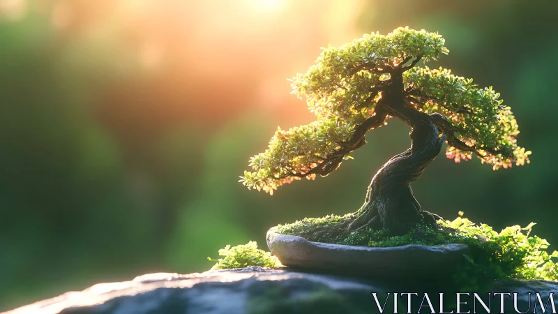 Sunlit bonsai guardian cradling dawn in tiny emerald leaves.