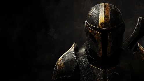 Battle-scarred armored sentinel in low-key cinematic chiaroscuro.