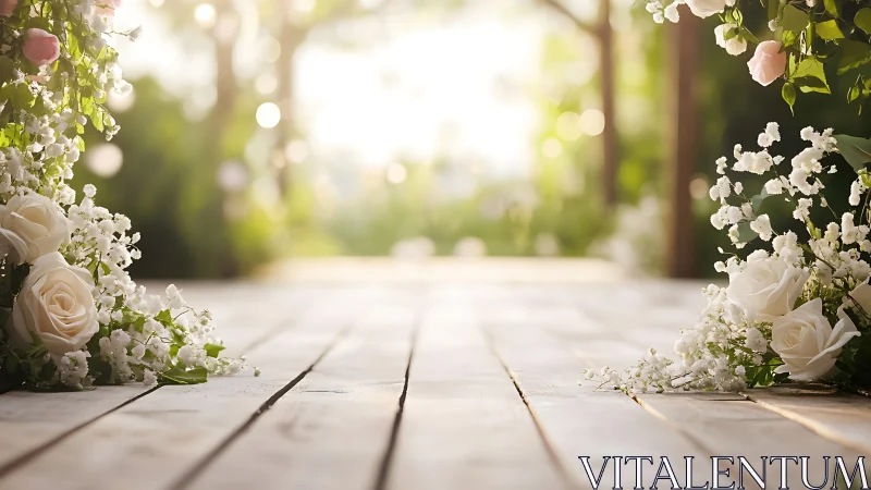 Sunlit wooden aisle framed by ivory roses and gypsophila.