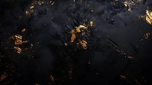 Textured black surface with scattered metallic gold fragments.