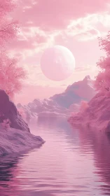 Monochrome pink valley lake with large celestial body.
