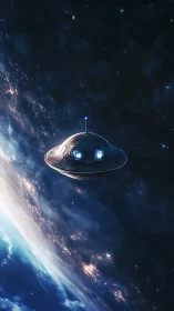 Glowing UFO glides silently above Earth’s luminous horizon.