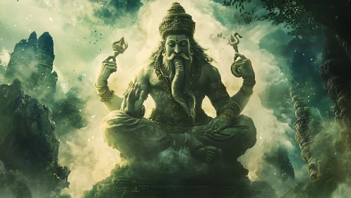 Mythological elephant‑headed deity statue in misty landscape.