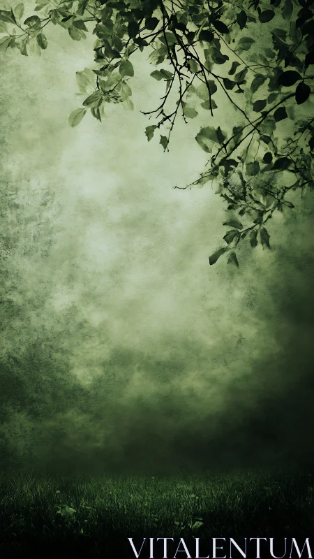 Textured verdant mist beneath silhouetted arboreal canopy.
