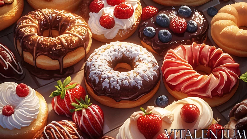 Colorful gourmet donuts display glistens under soft light