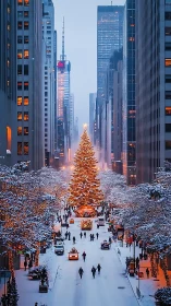 Snow-covered city avenue with illuminated central Christmas tree