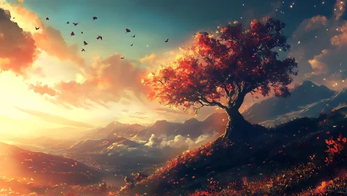 Digital painting of a lone crimson tree on a sunlit ridge.
