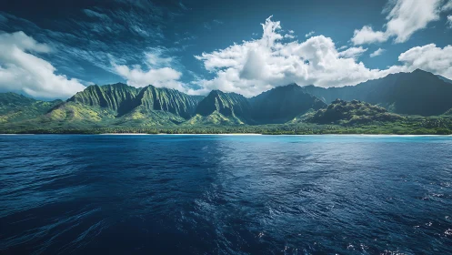 Coastal Mountain Range with Striped Volcanic Peaks and Turquoise Waters