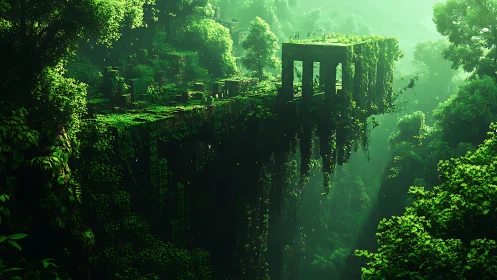 Emerald jungle abyss with ancient skybridge ruins suspended.