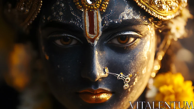 Divine blue visage with gold ornaments and intense gaze.